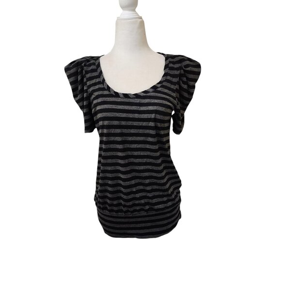 Decree Black Grey Striped 90s y2k Top Women's Large Ruched Sleeves - Picture 1 of 7